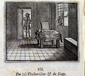 Der Schatzmeister und der Affe. Fabeln von Jean de La Fontaine. Illustration von François Chauveau. Ausgabe von 1728.