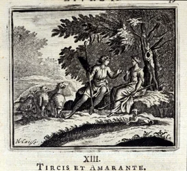 Tircis und Amaranth. Fabeln von Jean de La Fontaine. Illustration von François Chauveau. Ausgabe von 1728.