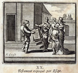 Testament erklärt von Äsop. Fabeln von Jean de La Fontaine (1621-95). Illustration von François Chauveau (1613-1676). Ausgabe von 1728.
