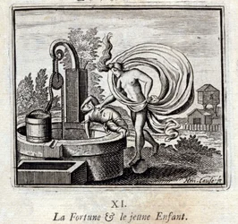 Das Glück und das Kind. Fabeln von Jean de La Fontaine. Illustration von François Chauveau. Ausgabe von 1728.