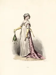 Frau im veilchenfarbenen Kleid, Schürze und Schal