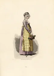 Frau im Stiefmütterchenkleid mit strohfarbenem Schürze