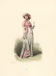 Frau im weißen Kleid, rosa Fichu und Korsage