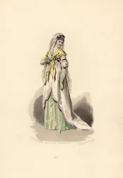 Frau im weißen Tunika-Kleid mit lila Samtbesatz