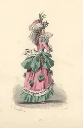 Modische Frau im Kleid mit Rosetten, Ära von Marie Antoinette.