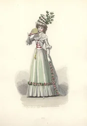 Frau in blumengeschmücktem Outfit, Ära von Marie Antoinette