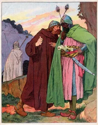 Ganelon berichtet die Worte von Kaiser Karl dem Großen (742-814) dem Feind (Rolandslied) (Materie von Frankreich) - Illustration von François Zier (1856-1924) aus „Nos-Gloriers-Nationales“ um 1920