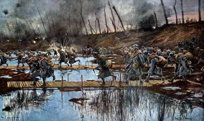 Erster Weltkrieg (1914-1918): „Die Überquerung der Yser während der Flandernoffensive 1917“, 1917, 30 x 50 cm. Paris, Musée de l