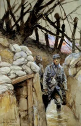 Erster Weltkrieg: „Ein Soldat beim Suppendienst im Schützengraben von Notre-Dame-de-Lorette, 28/06/1915“, Juni 1915. Maße: 0,3 x 0,48 m. Paris, Musée de l