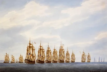 Abfahrt eines Geschwaders von neun Schiffen, drei Fregatten und drei Korvetten, Aquarell von Francois Roux (1811-1882), Frankreich