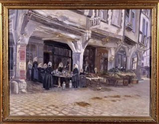 Markt unter den Arkaden in Dinan - von F. Gombeaux, Ende des 19. Jahrhunderts