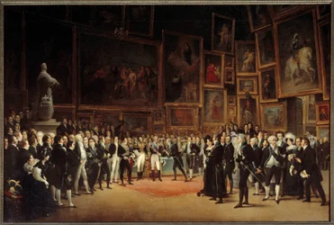 König Karl X. (1757-1836) verteilt nach der Ausstellung von 1824 Auszeichnungen an Künstler, 1827. Maße: 1,73 x 2,56 m