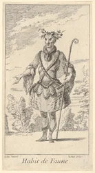 Kostüm eines Fauns: ein Faun, ein Stock in seiner rechten Hand..., ca. 1721