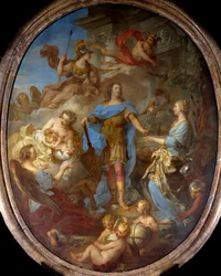 König Ludwig XV. (1710-1774) bringt Europa Frieden. Allegorie zur Zeit des Vertrags von Sevilla, die Göttin Minerva ist dargestellt. Gemälde von Francois le Moyne (1729)