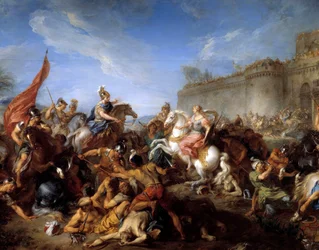 Tancrede übergibt Waffen an Clorinde. Illustration für das Gedicht „La gerusalemme liberata“ von Torquato Tasso