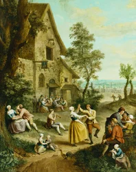Bauern tanzen und feiern vor einer Taverne, eine ummauerte Stadt im Hintergrund
