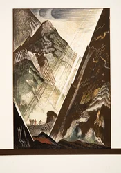 Prometheus wird von Hephaistos, Kratos und Bia an den Felsen genagelt, aus Prométhée Enchaîné von Aeschylus, veröffentlicht 1941