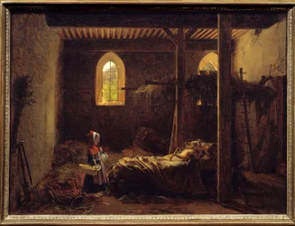 Rotkäppchen Illustration des Märchens von Charles Perrault, Rotkäppchen vor dem Wolf, der als Großmutter verkleidet ist. Gemälde von Francois Richard Fleury (1777-1852) 19. Jahrhundert
