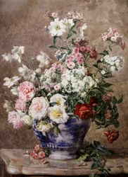 Stillleben mit Anemonen und Rosen in einer blau-weißen Vase