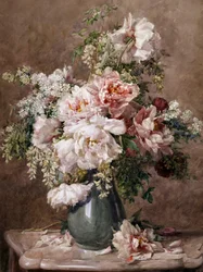 Stillleben mit Pfingstrosen und Rosen. Gemälde von François Rivoire