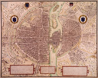 Stadtplan von Paris 1540-1555, genannt der Wandteppich. Gravur von Francois Roger de Gaignieres