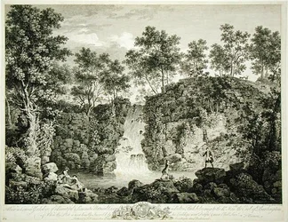 Ansicht eines Wasserfalls im Bolton Park, Craven, Yorkshire, veröffentlicht 1753 (Stich)
