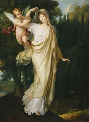 Posthumes Porträt der Marquise Fanny Grimaldi, geborene Baronne von Burkenwald, Prinzessin von Santa Cruce, Marquise de Monaco et de Genes, die sich anschickt, sich ihrem ersten Ehemann, dem Marquis Giovanni Battista Grimaldi, an seinem Grab anzuschließen,