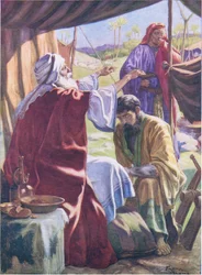 Jakob erhält den Segen, aus dem Bibelbilderbuch, veröffentlicht von Thomas Nelson, ca. 1950 (Farblithografie)