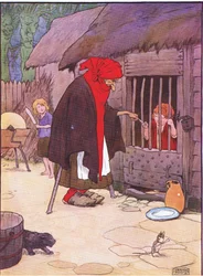 Die alte Frau sperrte Hänsel in einen Stall, aus Hänsel und Gretel, veröffentlicht von Blackie & Son Limited, ca. 1940