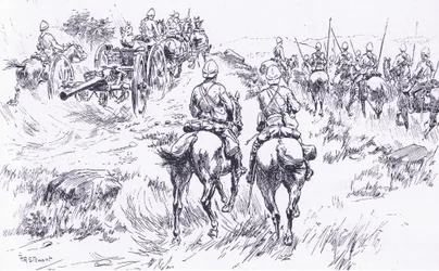Bullers Kavallerie und Artillerie rücken auf Bergendal vor, Illustration aus After Pretoria: Der Guerillakrieg, 1902