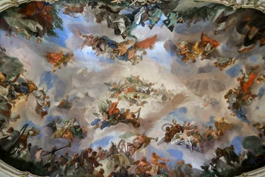 Deckenfresko in der großen Galerie im Schloss Schönbrunn, Allegorie des Wohlstands der österreichischen Monarchie, Wien, Österreich, 2024
