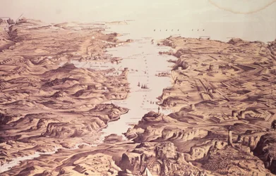 Panoramablick auf die Nord- und Südseiten des Hafens und Hafens von Sewastopol, entworfen und lithografiert von Thomas Packer, veröffentlicht von Stannard und Dixon, 1855