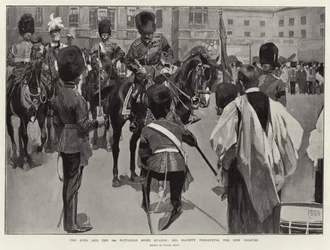 Der König und das 3. Bataillon der Scots Guards, Seine Majestät überreicht die neuen Farben