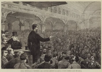 Liberale Demonstration in Manchester, Lord Hartington spricht bei der Versammlung im Pomona Gardens Palace