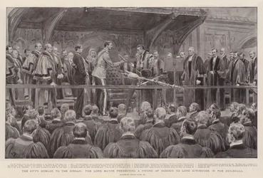 Die Huldigung der Stadt an den Sirdar, der Lord Mayor überreicht Lord Kitchener ein Ehrenschwert in der Guildhall