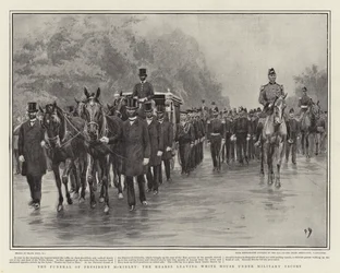 Die Beerdigung von Präsident McKinley, der Leichenwagen verlässt das Weiße Haus unter militärischer Eskorte