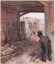 An seinem Ziel angekommen, war das erste Objekt, das sich ihm darbot, ein Paar sehr unvollständig beschuhter Füße in der Luft, ca. 1920