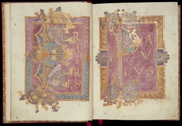 Ms McClean 30, ff.2v-3r: Initialseiten eingerahmt mit Akanthusblättern, aus dem Reichenauer Epistolary, spätes 10. Jahrhundert (Goldtinte & Tempera auf Pergament)