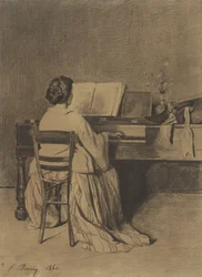 Frau am Klavier, von hinten gesehen