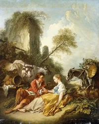 Eine pastorale Landschaft mit einem Hirten und einer Hirtin, die bei Ruinen sitzen