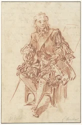 Jodelet, der auf einem Stuhl sitzt (Illustration von Les Précieuses Ridicules aus der Ausgabe von 1734 von Molières Werken, Band I, S. 247)