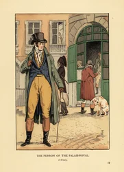 Modischer Herr vor dem Eingang zum Passage du Perron, Palais Royal. Er trägt Hut, Krawatte, Mantel, Weste, Kniehosen und Stiefel. Der Perron des Palais Royal, Paris
