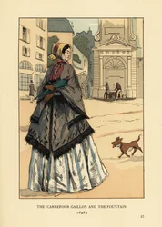 Frau vor dem Brunnen am Place Gaillon, Paris. Sie trägt einen Kaschmirschal mit Armlöchern, genannt la visite, über ihrer Krinoline. Der Carrefour Gaillon und der Brunnen