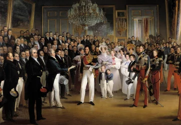 Revolution von 1830: Die Kammer der Deputierten überreicht dem Herzog von Orléans, Louis Philippe I (1773-1850), das Dokument, das ihn auf den Thron ruft, und die Charta von 1830 im Königspalast am 7. August 1830 (Detail)