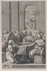 Das letzte Abendmahl, das Innere eines klassischen Gebäudes mit Christus und seinen Aposteln, 1660-81