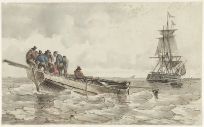 Acht Männer in einem Ruderboot bei einem Segelschiff