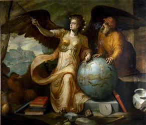Astrologie. Allegorie und Personifikation der Astrologie mit astrologischen Instrumenten und Himmelsglobus. Frans Floris (1515-1570). Flämischer Maler. Genua, Privatsammlung.