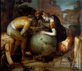 Geometrie. Allegorie und Personifikation der Geometrie, die einen Zirkel über einem Globus hält. Im Vordergrund sind verschiedene geometrische Instrumente angeordnet. Flämische Kunst. Privatsammlung, Genua.
