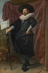 Willem van Heythuysen posiert mit einem Schwert