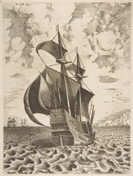 Bewaffneter Viermaster segelt in Richtung eines Hafens aus Die Segelschiffe, 1561-65